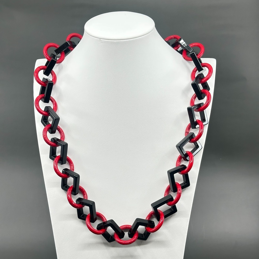 Chunky Red Black Geometric Link Necklace Statement Mod Retro 80s Costume Jewelry